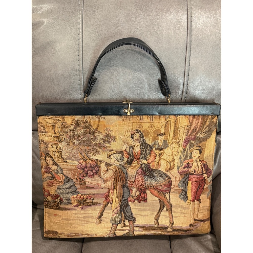 1900's Vintage Tapestry Handbag Black Leather Frame Clasp Handle Bag 18" by 14"
